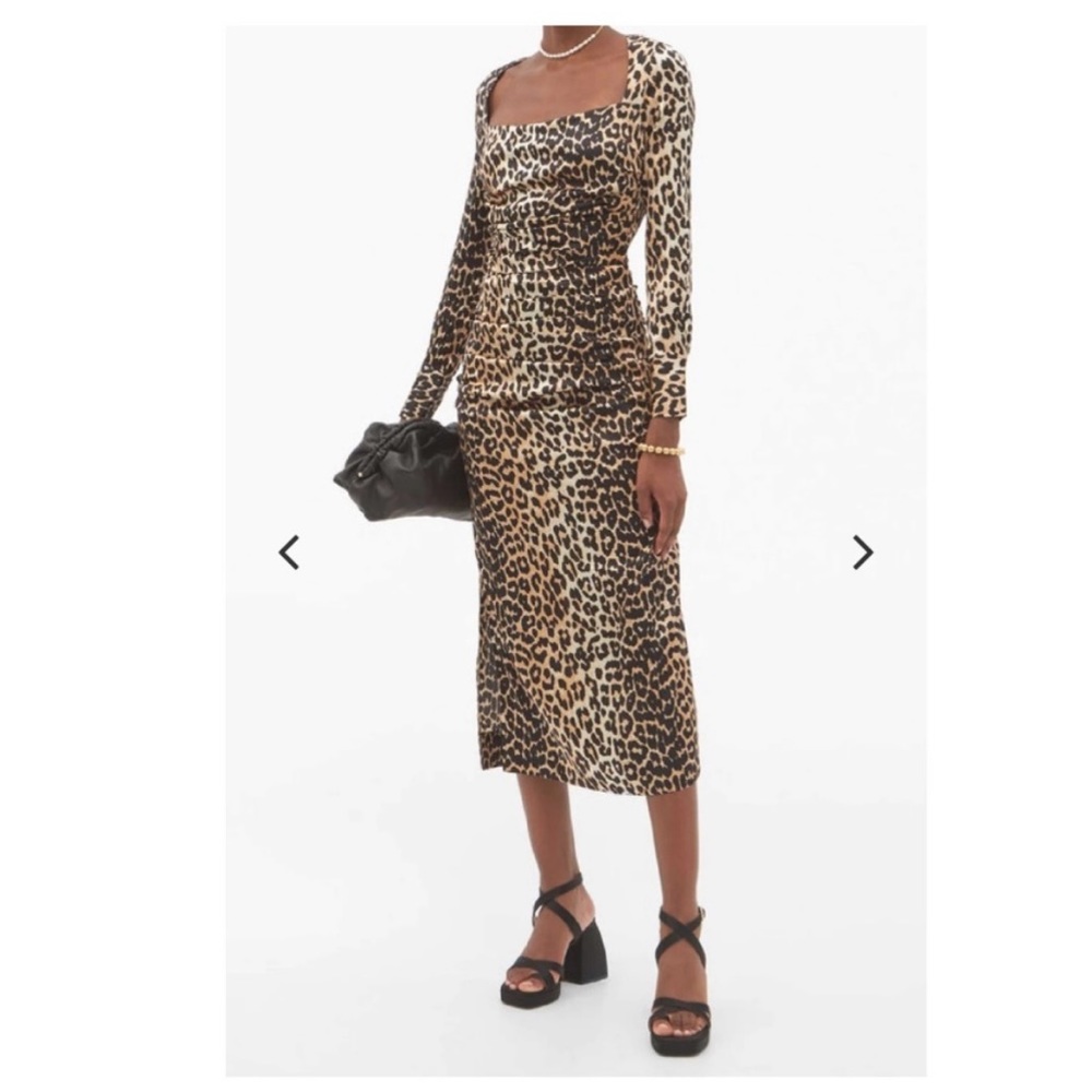 Ganni Ruched Stretch Silk Leopard dress